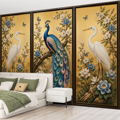 Papier peint adhésif mural et pliable de style chinoiserie, pivoines de paon dorées, papier autocollant amovible pour décoration de salon, chambre à coucher H 69 po x l 96 po