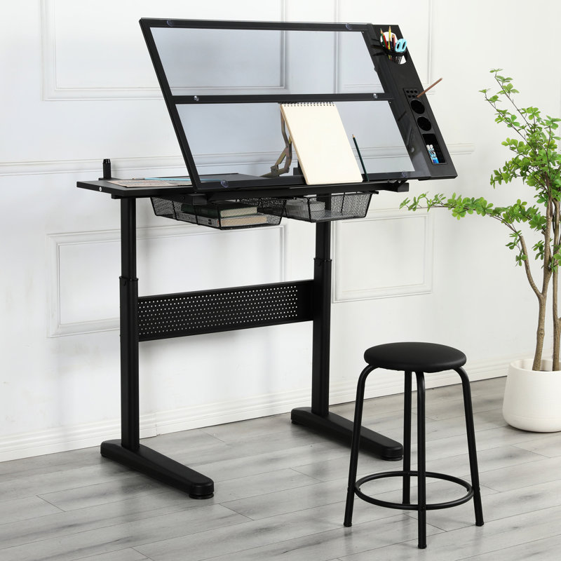 Bureau réglable avec manivelle, 2 tiroirs en métal, tabouret et largeur de paquet - bureau de travail noir