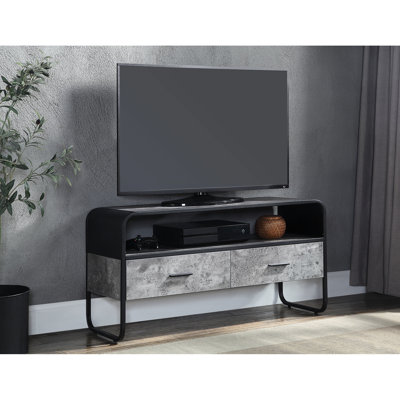 Meuble télé gris béton avec tiroir coulissant en métal et plateau de 15 mm d'épaisseur pour téléviseur compact et cadre de console noir