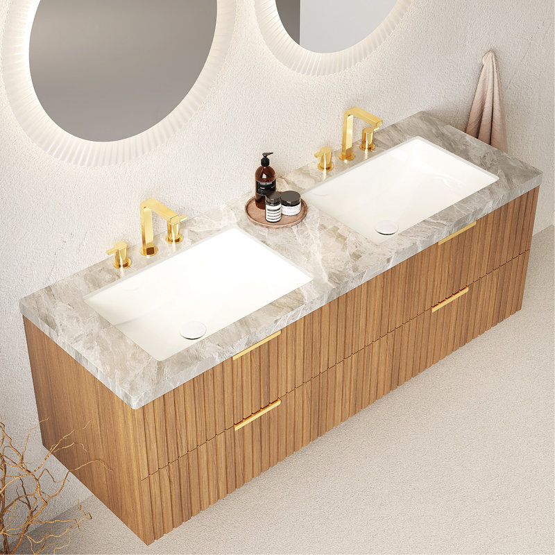 Lavabos sous-comptoir en céramique 60 po gris clair avec comptoir en pierre frittée à motif de pierre, sans armoire, sans robinet et couvercle de lavabo