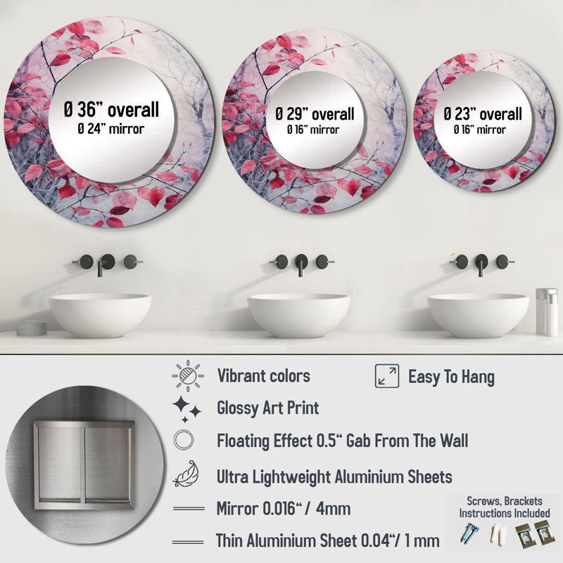 Romesa Leaves Charm In Moody Overcast I - Leaves Wall Mirror, Traditional Round Decorative Mirror, Printed Metal Art
