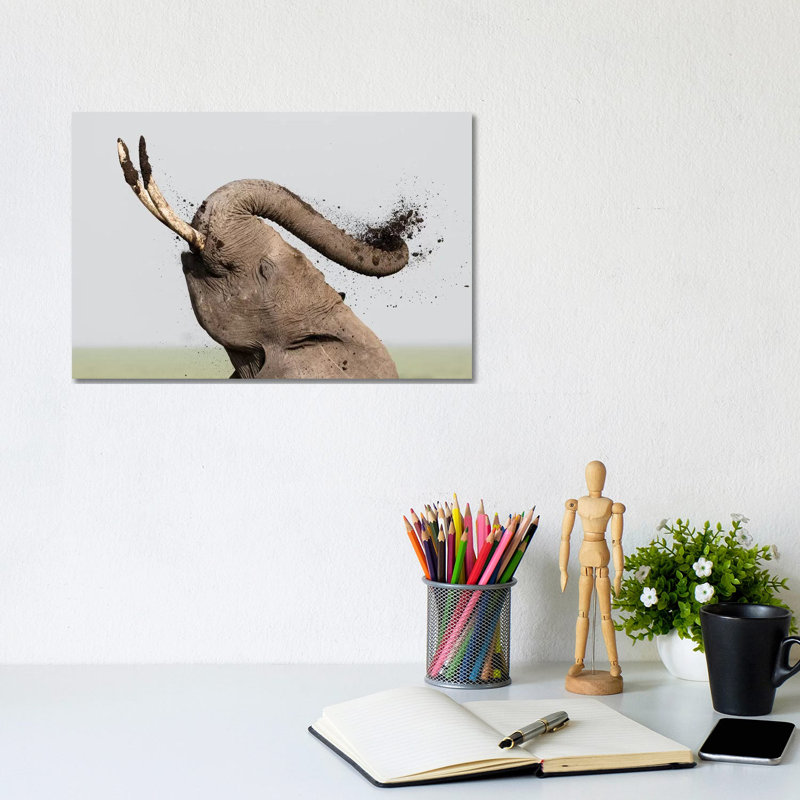 Africa, Kenya, Amboseli National Park. Elephant Spraying Mud Sunscreen by Jaynes Gallery - Wrapped Canvas Print