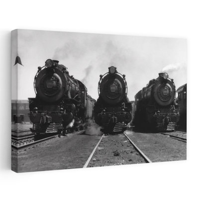 1930S Head-On Shot Of Three Steam Engine Train Locomotives On Tracks Classic Retro Vintage Architecture Art