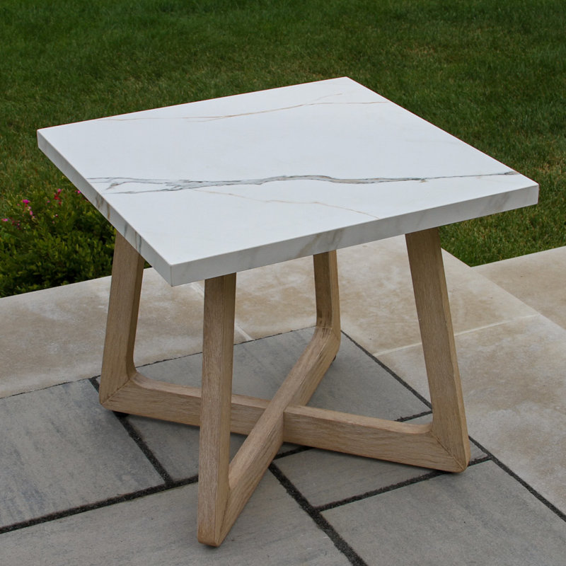 Antique Wash & Square White Marble Sinterned Stone Accent Table, White Marble
