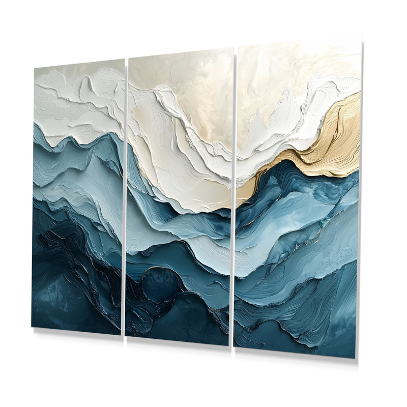 Ensemble 2 pièces d'art mural «White and Blue Marble Wave II», Métal métal, H 32 po x l 48 po x P 1 po