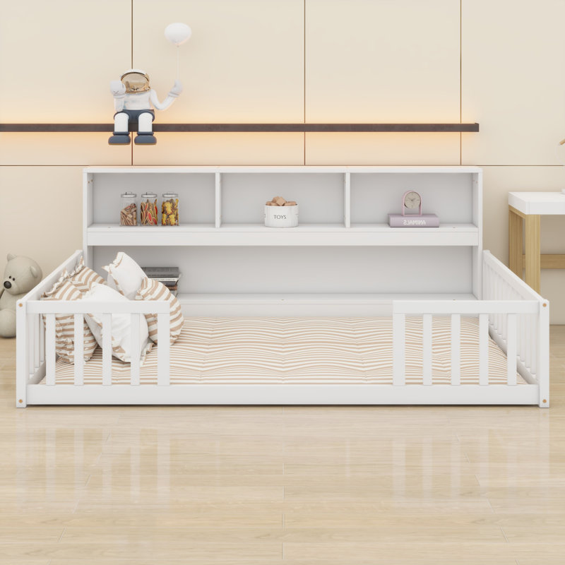 Floor Bed with Convenient Shelves and Protective Guardrails, White