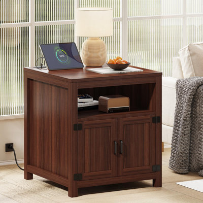 24" Farmhouse End Table With Charging Station And Barn Door Storage