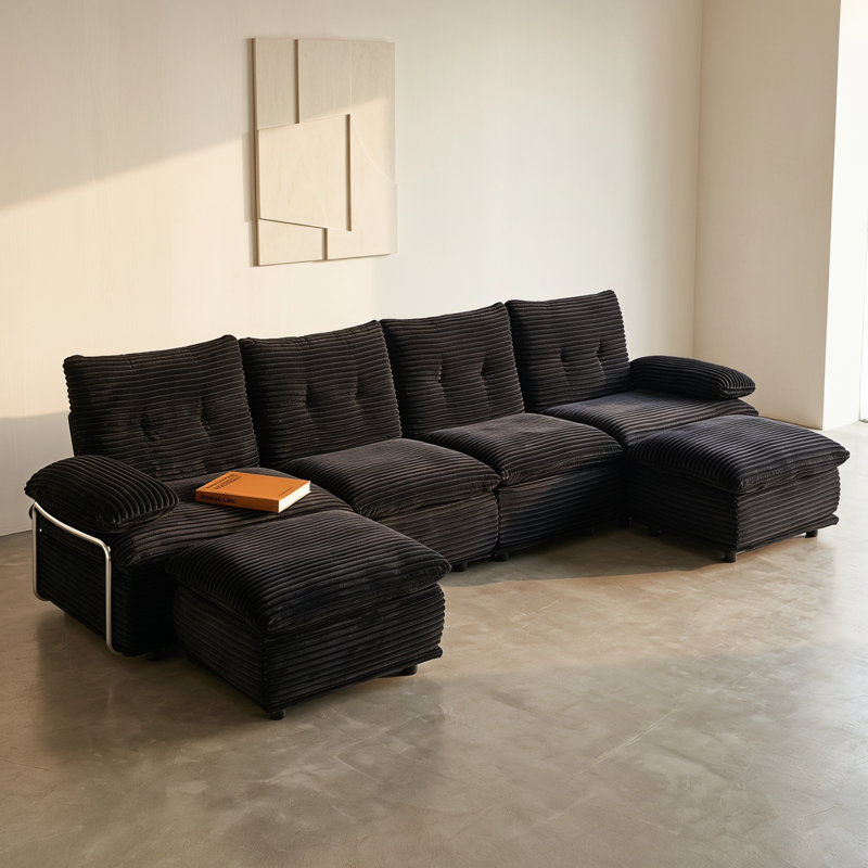 Canapé modulaire en forme de U 140,94 po avec 2 repose-pieds modulaires en U, revêtement en velours côtelé 6 places, assise profonde et confort, noir