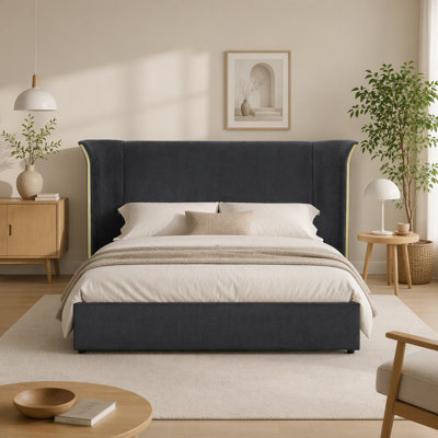 Structure de lit tapissier à oreilles très grand avec tête de lit très rembourrée, tissu chenille doux, matelas non inclus, gris foncé