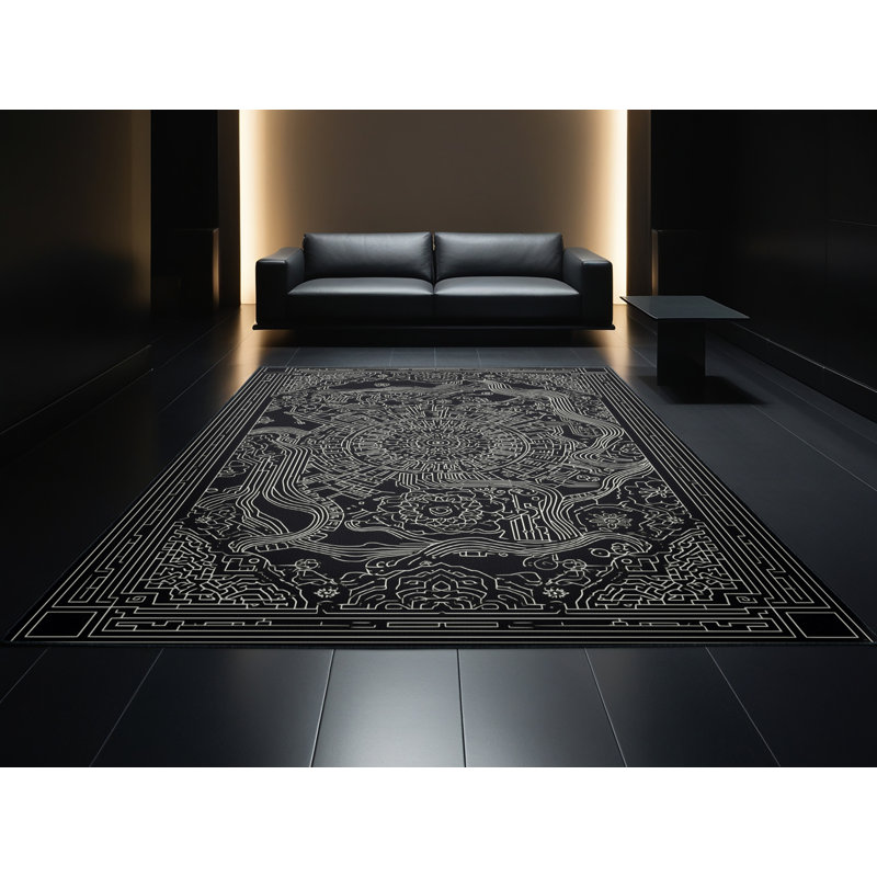 Tapis oriental gris doux et moelleux avec carte de la ville, 7 x 9
