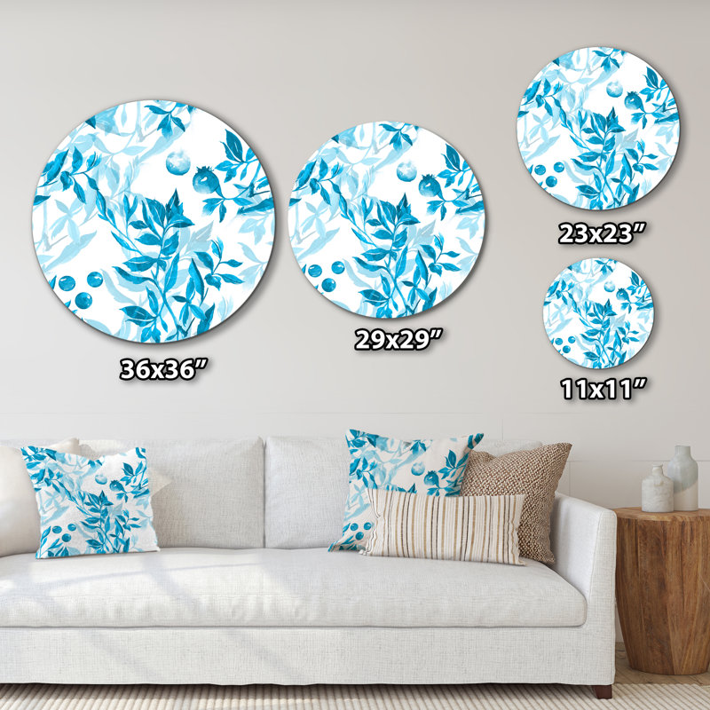 Turquoise, feuilles et baies sur fond blanc, H 36 po x l 36 po