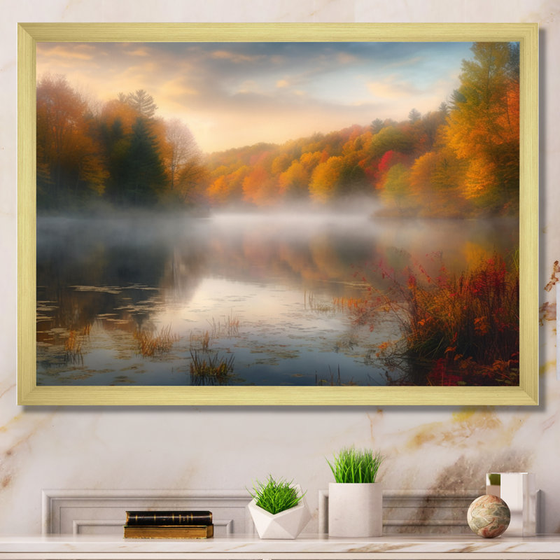 «Misty Lake I», reproduction d'art sur toile, H 34 po x l 44 po x P 1,5 po, Encadrement doré