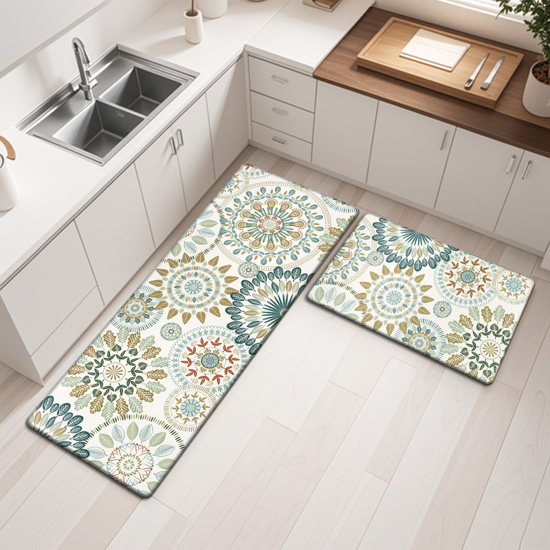 Jalissia Anti-Fatigue Non-Skid Kitchen Mat, Runner 18" x 30" + 18" x 48", Brown/White/Green/Blue