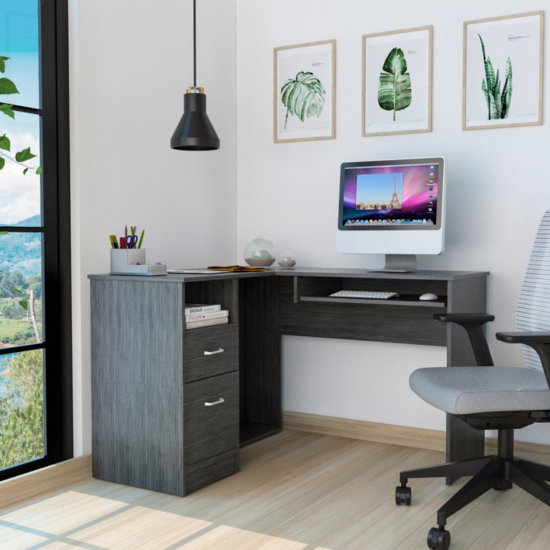 Bureau en L, plateau à clavier, deux tiroirs, une tablette ouverte, Gris, H 30,4 po x l 47,24 po x P 41,3 po