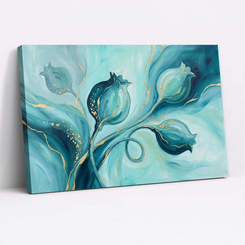 Toile murale abstraite turquoise à motifs floraux veinés d'or, 20"H x 30"W