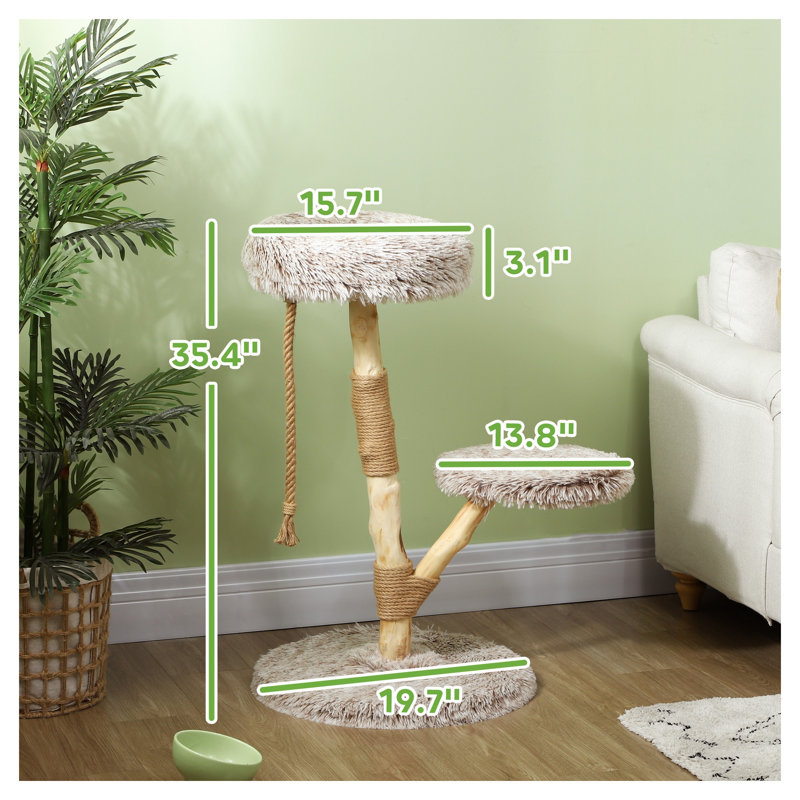 Brown and Natural Wood Cat Tree with Solid Wood Jute Scratching Posts