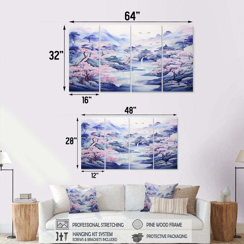 «China River», art mural sur toile 4 pièces, H 32 po x l 64 po