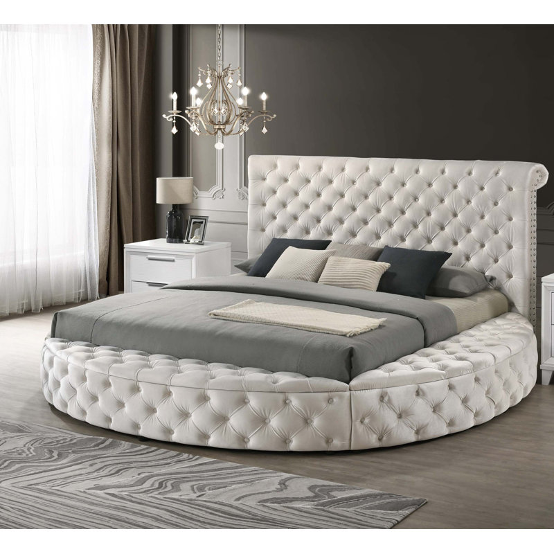 1Pc Unique Round Plush Velvet Button-Tufted Detailing Storage Bed, Queen, Ivory