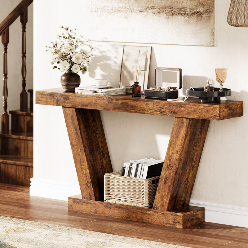 Console Sofa Table, 2-Tier Farmhouse Narrow Behind Couch Sofa, Extra-Long Accent Entryway Table, Brown