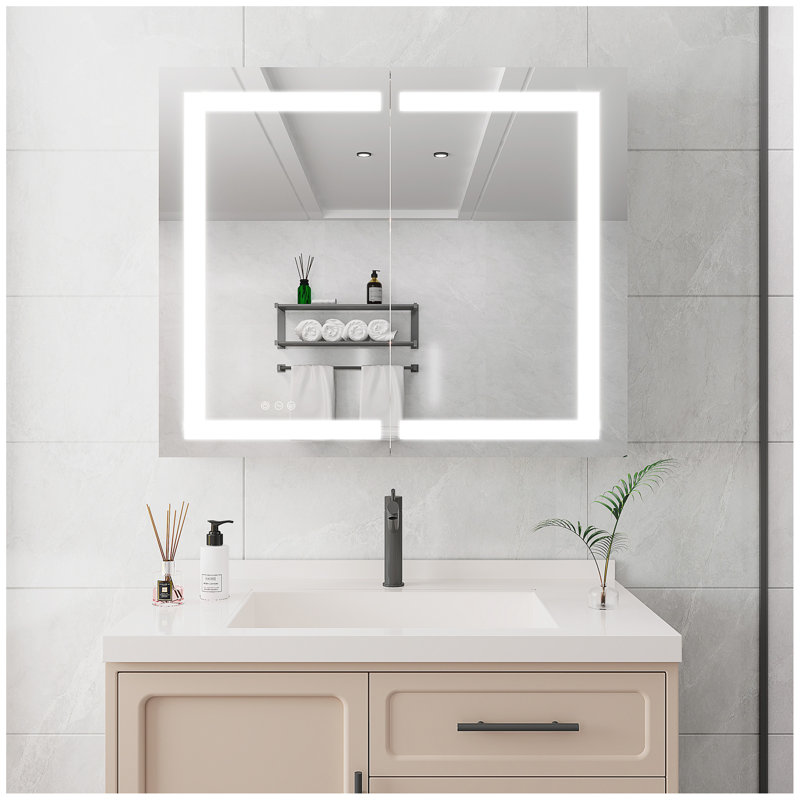 Armoire à pharmacie 36 po x 30 po avec miroir de coiffeuse à DEL, antibuée, encastrée ou à fixation en surface, étanche, à intensité variable, aluminium 3000K ~ 6000K