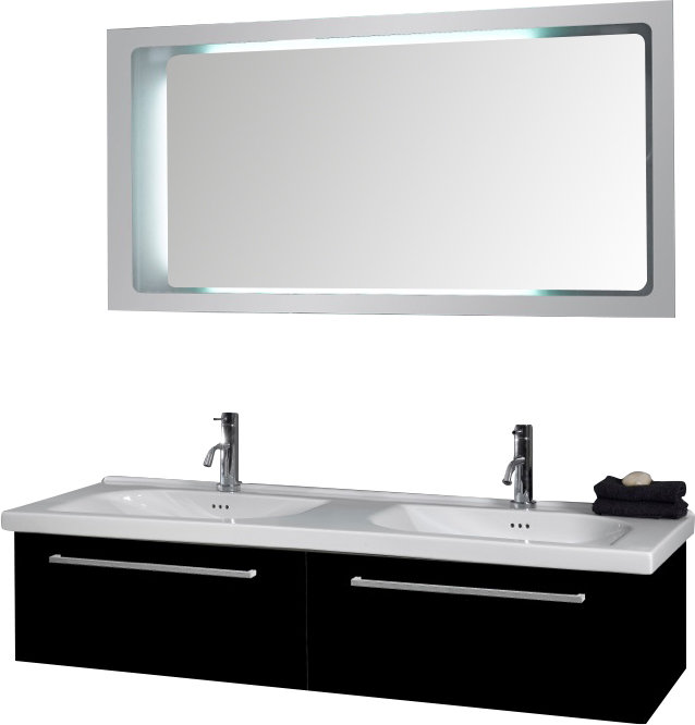 Ensemble de meuble-lavabo double 57 "avec miroir Fly, Noir lustré