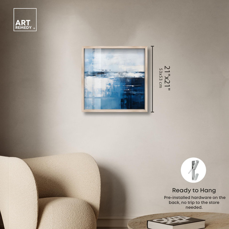 «Layers of Blue Shadowbox Print», art abstrait bleu par Art Remedy, H 21 po x l 21 po, Crème, crème