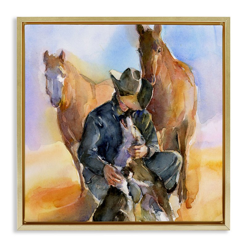 Cowboy et animaux à l'aquarelle, H 18 po x l 18 po, Cadre flottant métallique doré