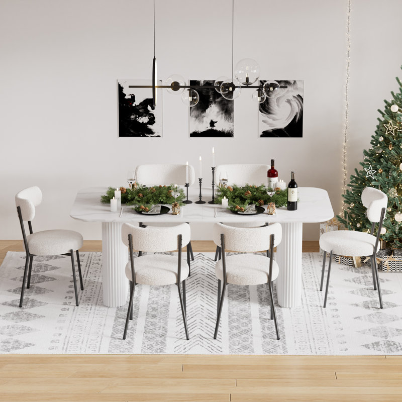 Ensemble de salle à manger rectangulaire à double piédestal avec table de salle à manger de style crème, Blanc/Noir, Blanc, 7