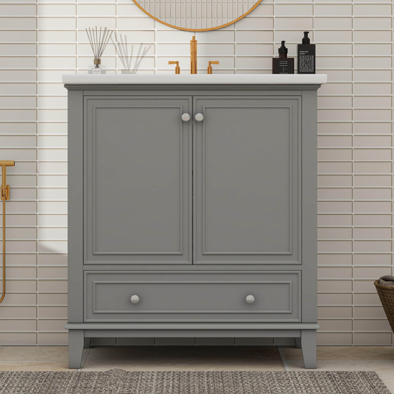 Meuble-lavabo 30 po avec lavabo en céramique, armoire multifonctionnelle avec portes et tiroir, Gris