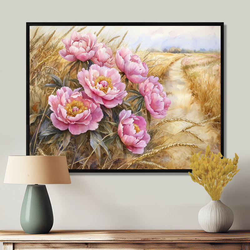 Pivoines le long de la route de campagne III - Décoration murale pivoines, H 30 po x l 40 po, Impression encadrée flottante