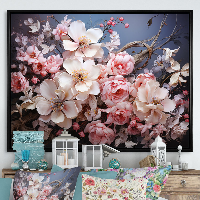 Couronne rose, impression romantique IV, H 16 po x l 32 po x P 1 po, Noir