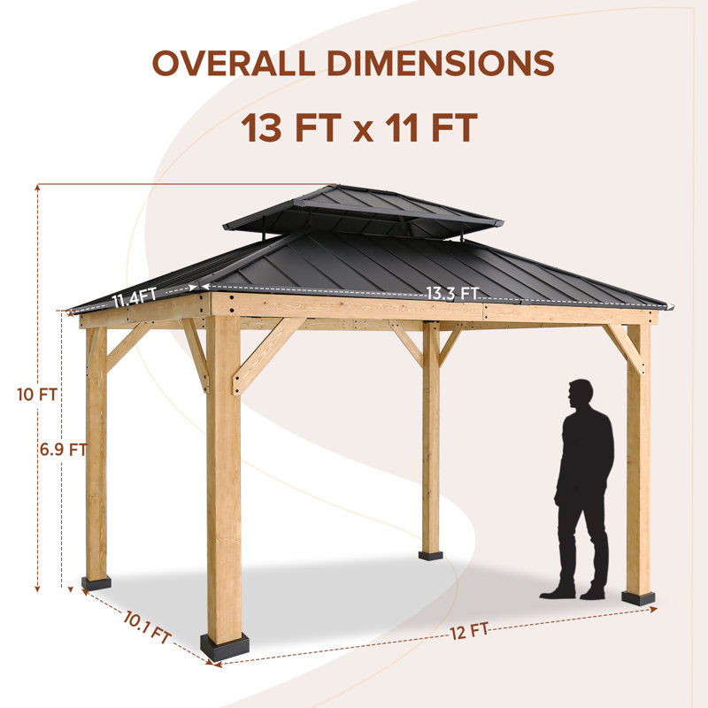 Abri de jardin permanent en bois 13 pi L 11 pi. D Pavillon de jardin en bois massif - Pavillon de jardin en acier galvanisé à toit rigide