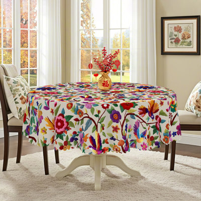 Mexican-style Tablecloth Decorated with Colorful Embroidery-Style Floral and Bird Motifs, Round Machine-Washable Tablecloth, Ideal for Indoor Dining and Family Gatherings