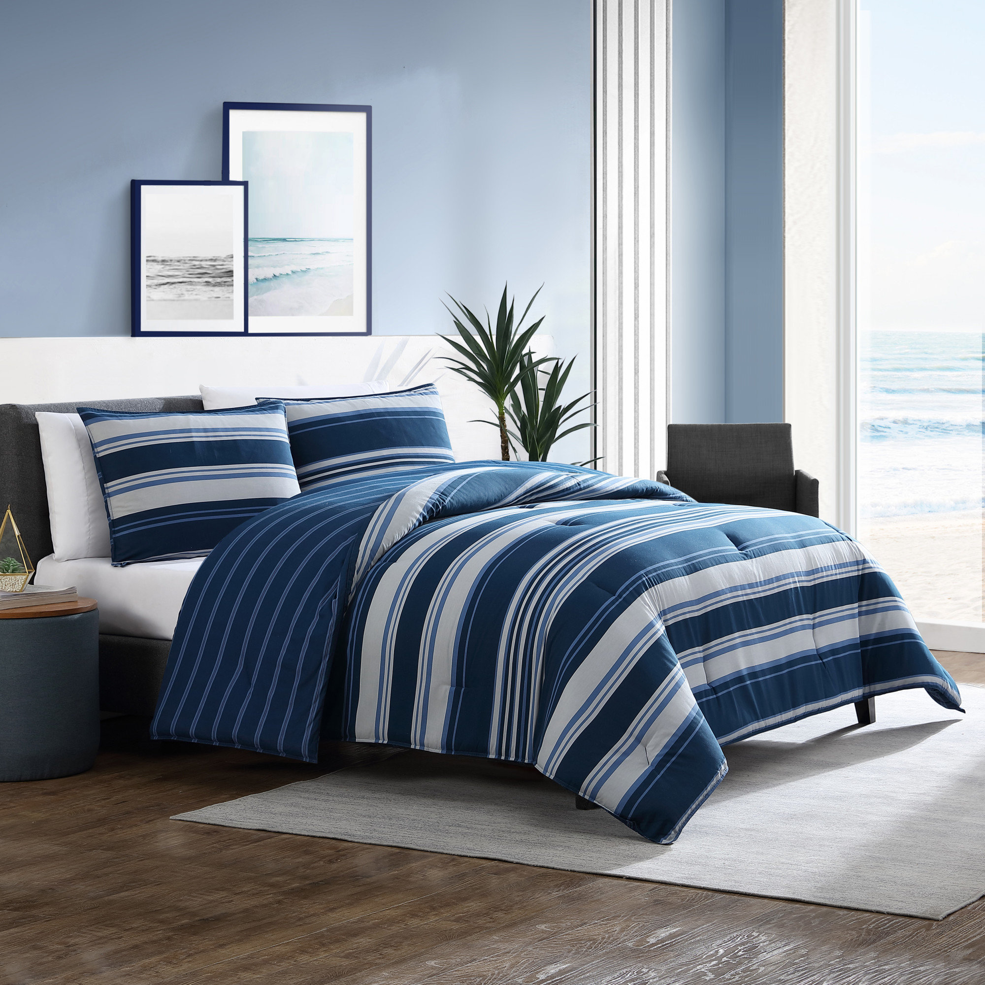 Nautica Mieola 3-Piece Navy Blue Striped Cotton King Comforter Set