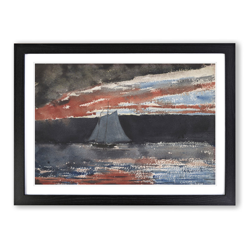 Schooner at Sunset by Winslow Homer - Picture Frame Painting, 27cm H x 36cm W x 2cm D, Black Framed
