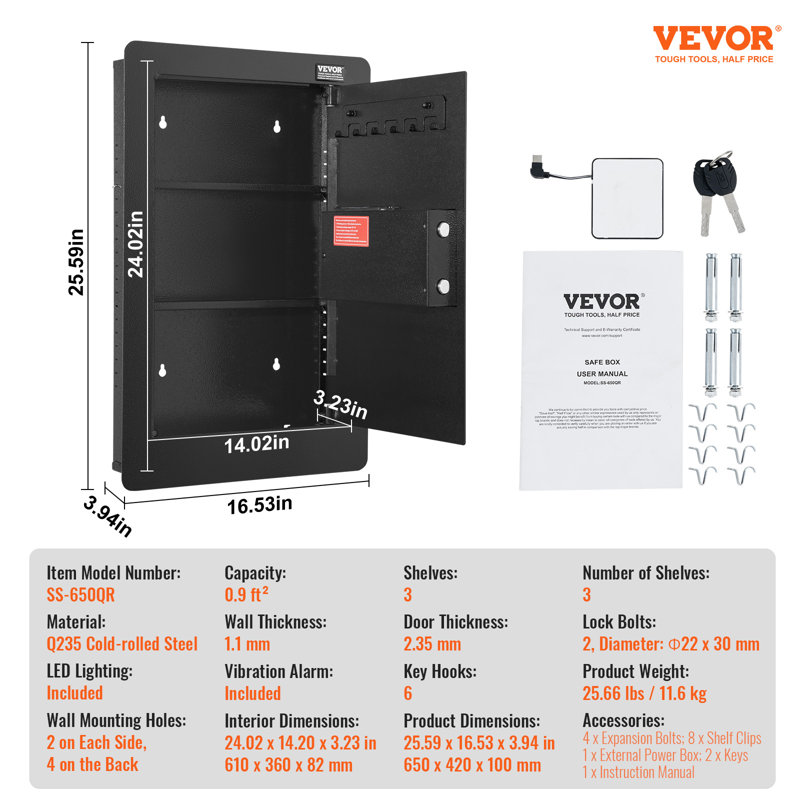 Black Steel 25.59" Tall In-Wall Safe with Keypad and Shelves