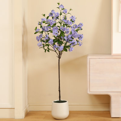 Adcock Artificial Flower Tree with Oval White Planter, Tall Faux Trees with Blue Flowers for Home Decor