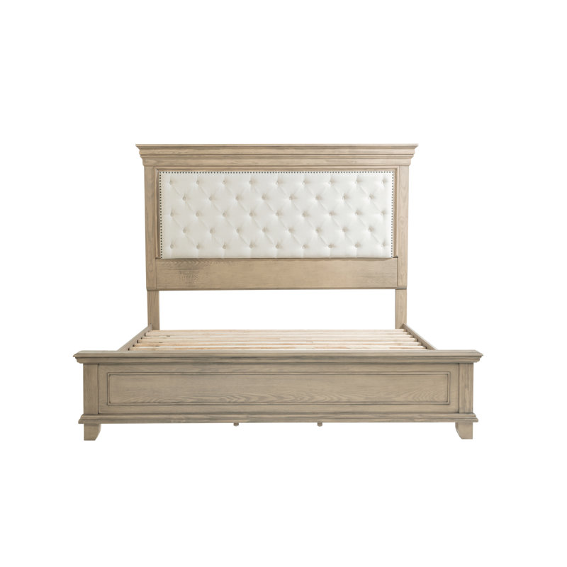 Base de lit Deines style Mid-Century en bois massif avec tête de lit en chenille, Queen