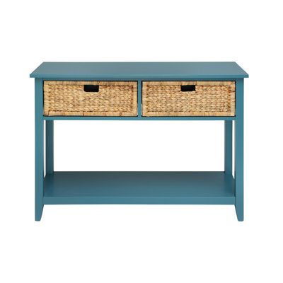 Rectangular Console Table In Teal With 2 Drawers And Shelf For Storing Beauty Products Featuring Bottom Media Equipment