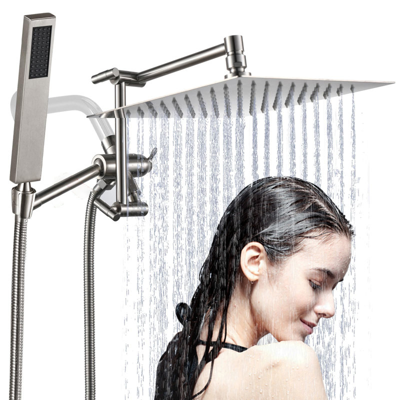 10" Rainfall Shower Head With Handheld Combo,3 Setting Diverter, Adjustable Extension Arm, Extra Long Hose,, Brushed Nickel