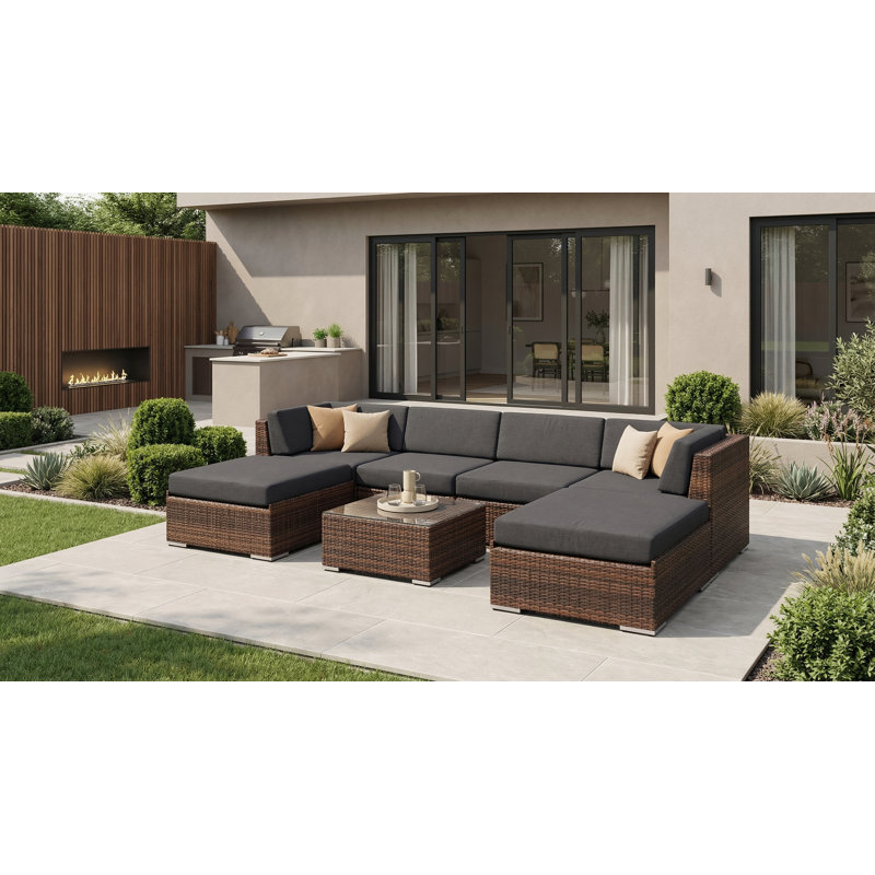 Ensemble de conversation en osier pour 4 personnes avec coussins Billyjo Wicker, Supercrylic gris, Mélange de bruns