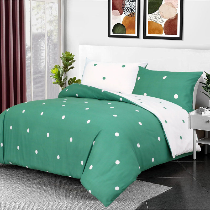 Microfiber Duvet Cover Set with Pillowcases, Green/White Doted, Kingsize Duvet Cover Set + 2 Pillowcases, 3