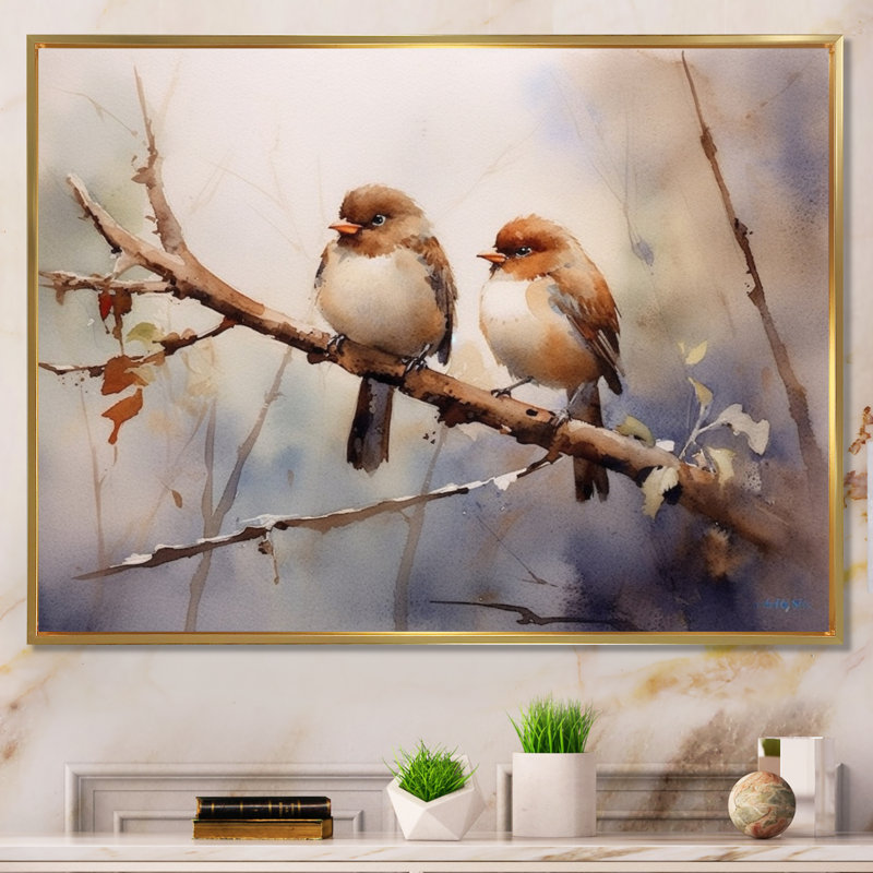 Oiseau moineau beige et brun I - art mural oiseau pour le salon, 30" H x 40" W, Cadre flottant doré