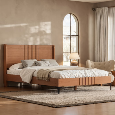 Full Size Bamboo Platform Bed, Mid-Century Modern Bed Frame with 37.4 Tall Headboard, Solid Bamboo Bed Frame King Size, Wood Slat Support, Natural