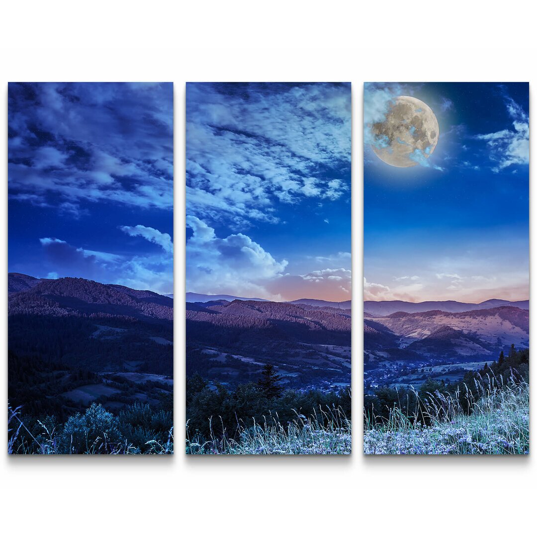 3-tlg. Leinwandbilder-Set Bergige Landschaft bei Vollmond