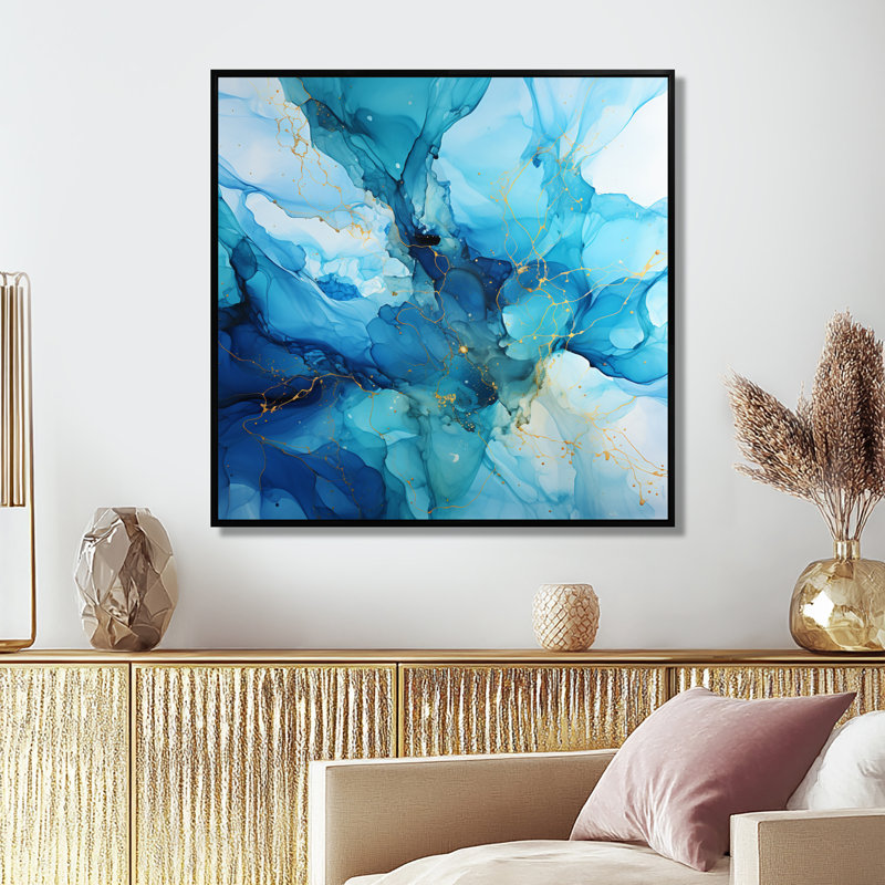 Turquoise marée de bonheur - art mural abstrait encre liquide, Cadre flottant noir, H 16 po x l 16 po x P 1 po