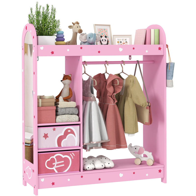 AIYAPLAY Kids Clothes Rail, Kids Wardrobe with Mirror, for Girls, Pink