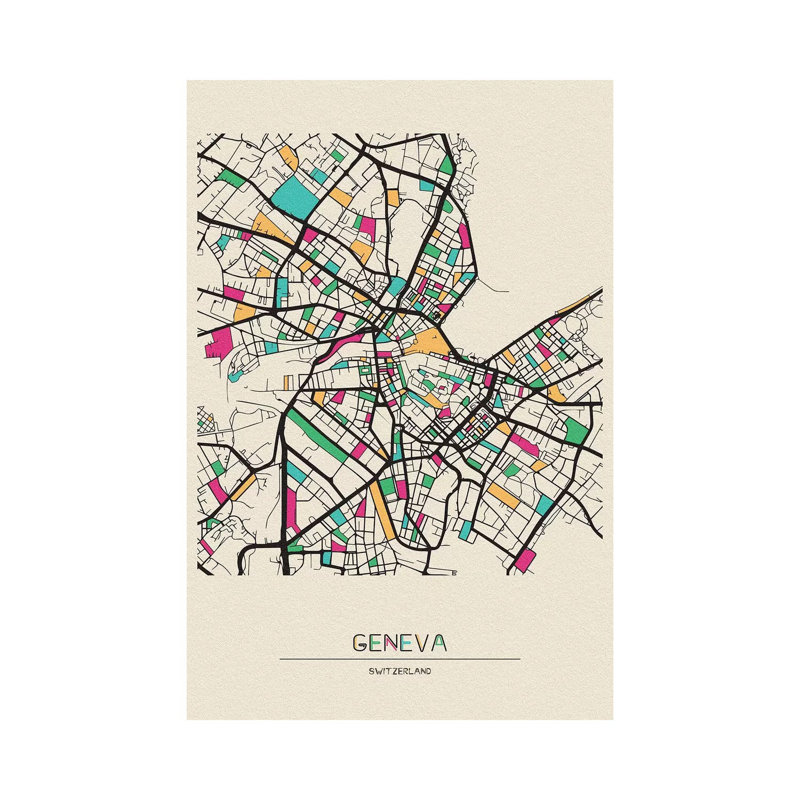 «Geneva, Suisse Map» par Ayse Deniz Akerman - impression sur toile tendue, H 18 po x l 12 po x 1,5 po