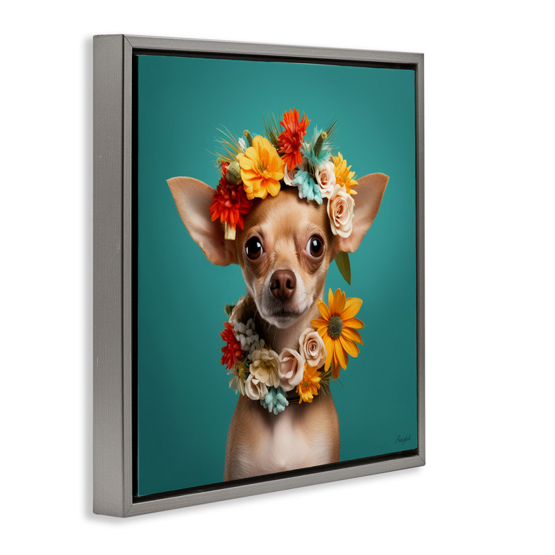 Portrait floral de chihuahua, Cadre flottant gris lustré, 18" H x 18" W