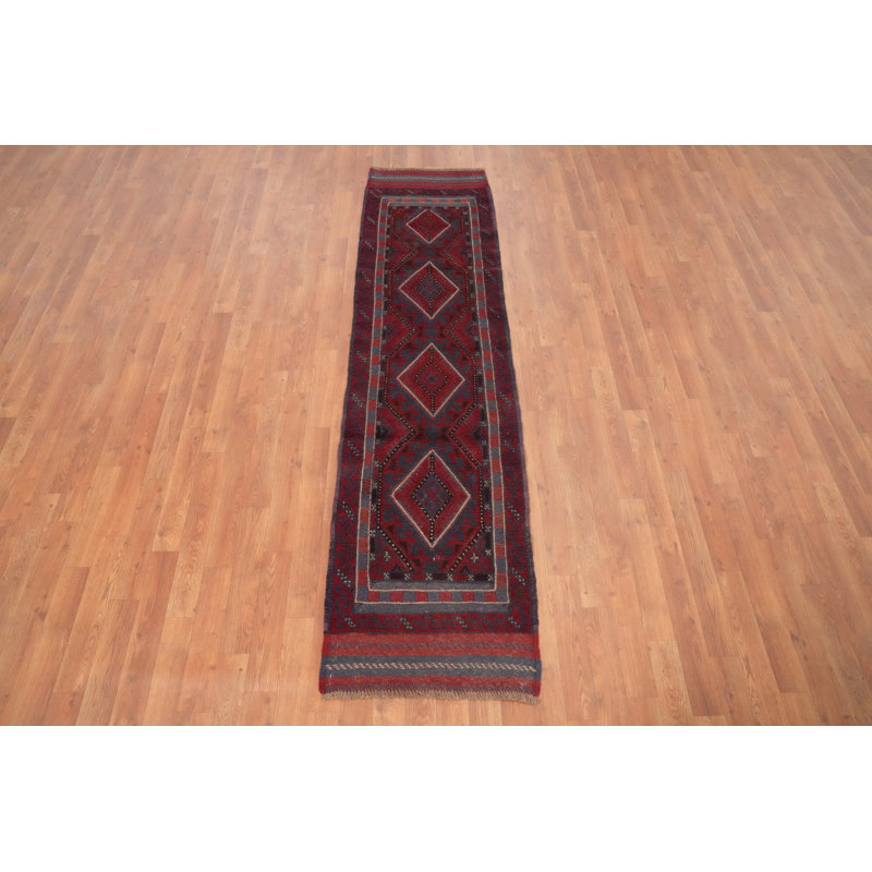 Tapis de couloir afghan traditionnel bleu et rouge à motif géométrique 2 x 8